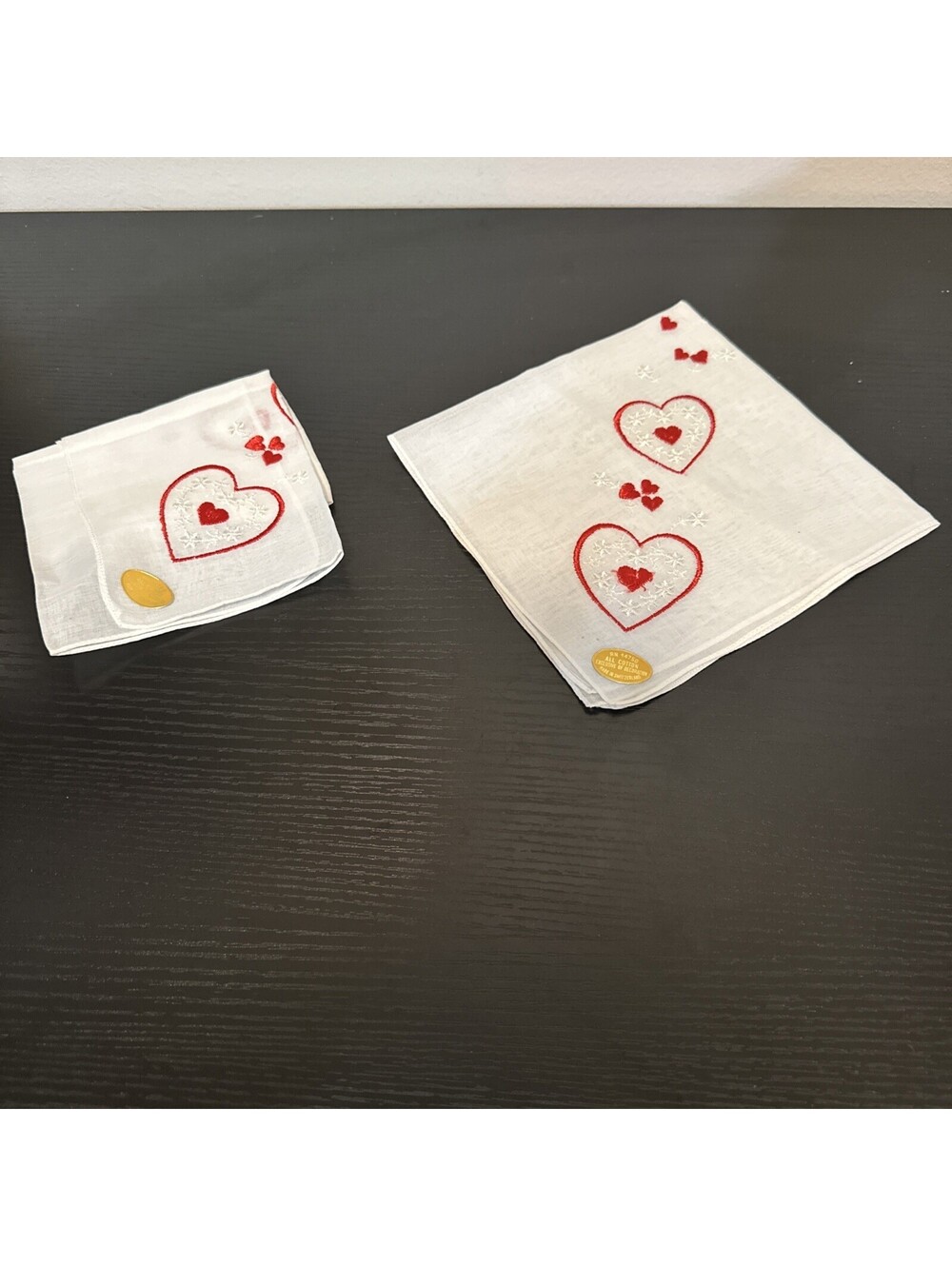 Vintage Cloth Handkerchief Embroidered Hearts Drink Coaster 13x13 Set Of 2